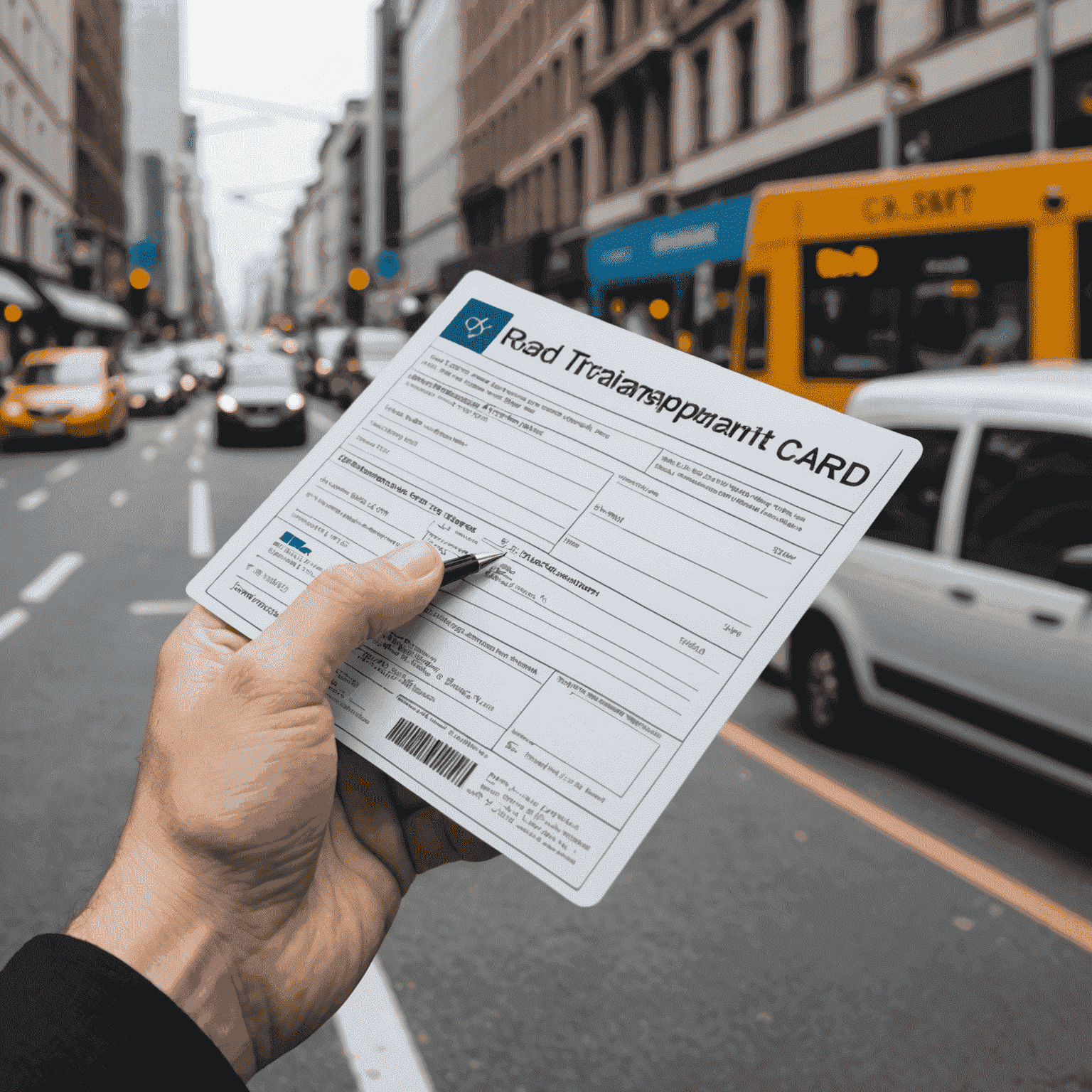 A hand holding a road transport card application form, with a pen poised to fill it out. In the background, a busy city street with various modes of transportation.