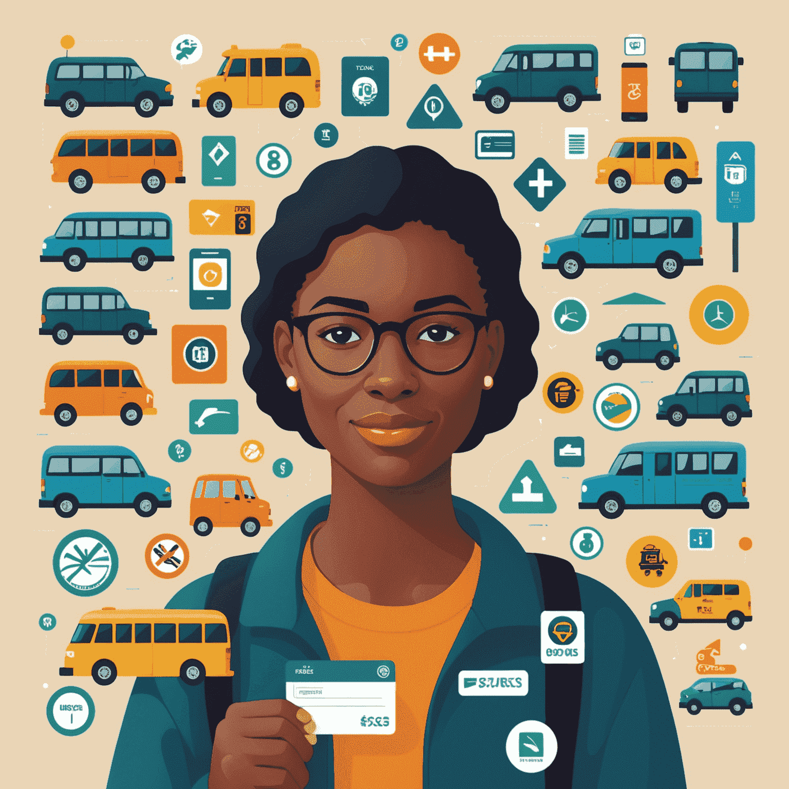 Illustration of a person holding a road transport card, surrounded by icons representing public transportation options such as buses, trains, and taxis. The image showcases the versatility and convenience of the NOL card system.