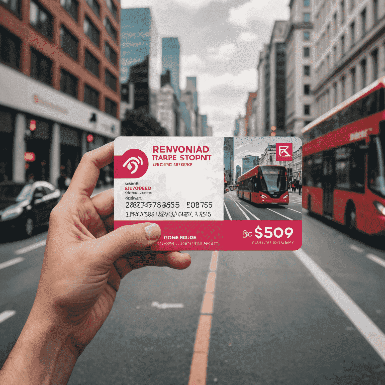 An image showing a hand holding a renewed road transport card, with a cityscape in the background. The card has a sleek design with red and pink accents, showcasing the modern look of the renewed cards.