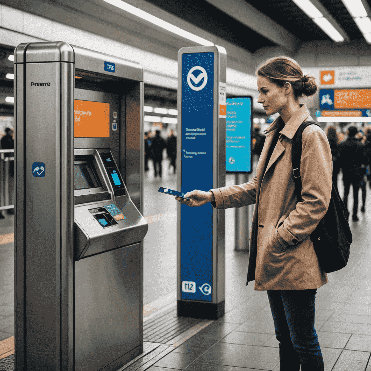 Illustration showing a person using a transport card at a metro station gate. The image depicts a sleek, modern gate with a card reader, and the person is confidently tapping their card to enter.