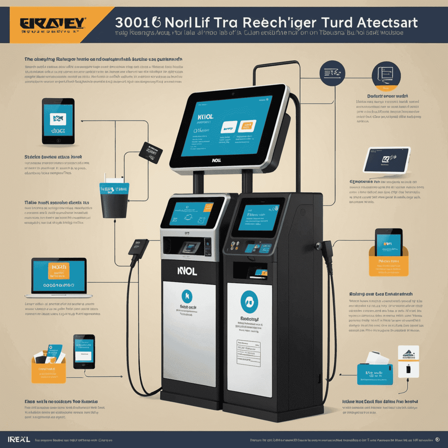 Infographic showing various methods to recharge a NOL card including kiosks, mobile apps, retail outlets, and website