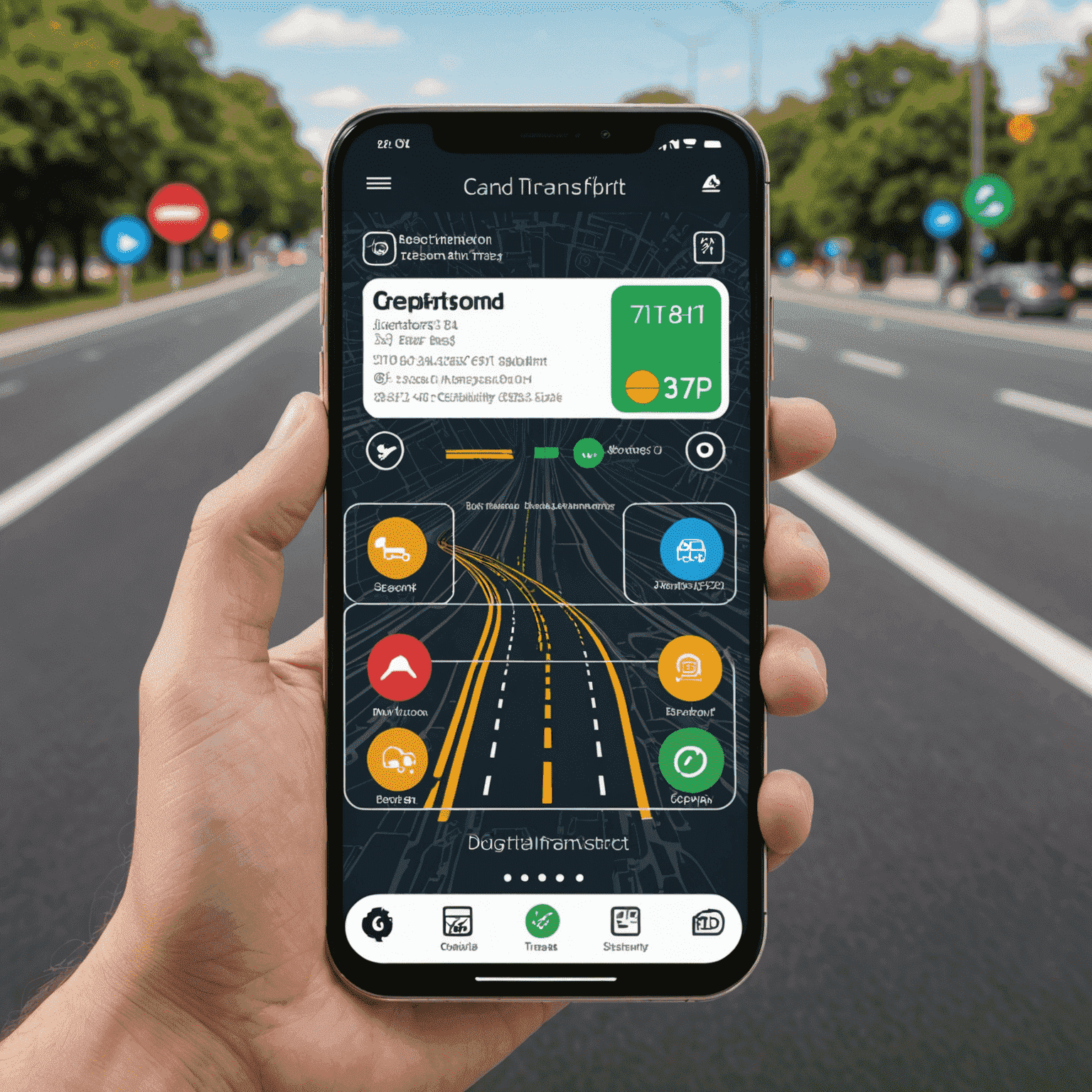 A smartphone displaying a digital road transport card with icons representing various benefits like speed, security, and convenience
