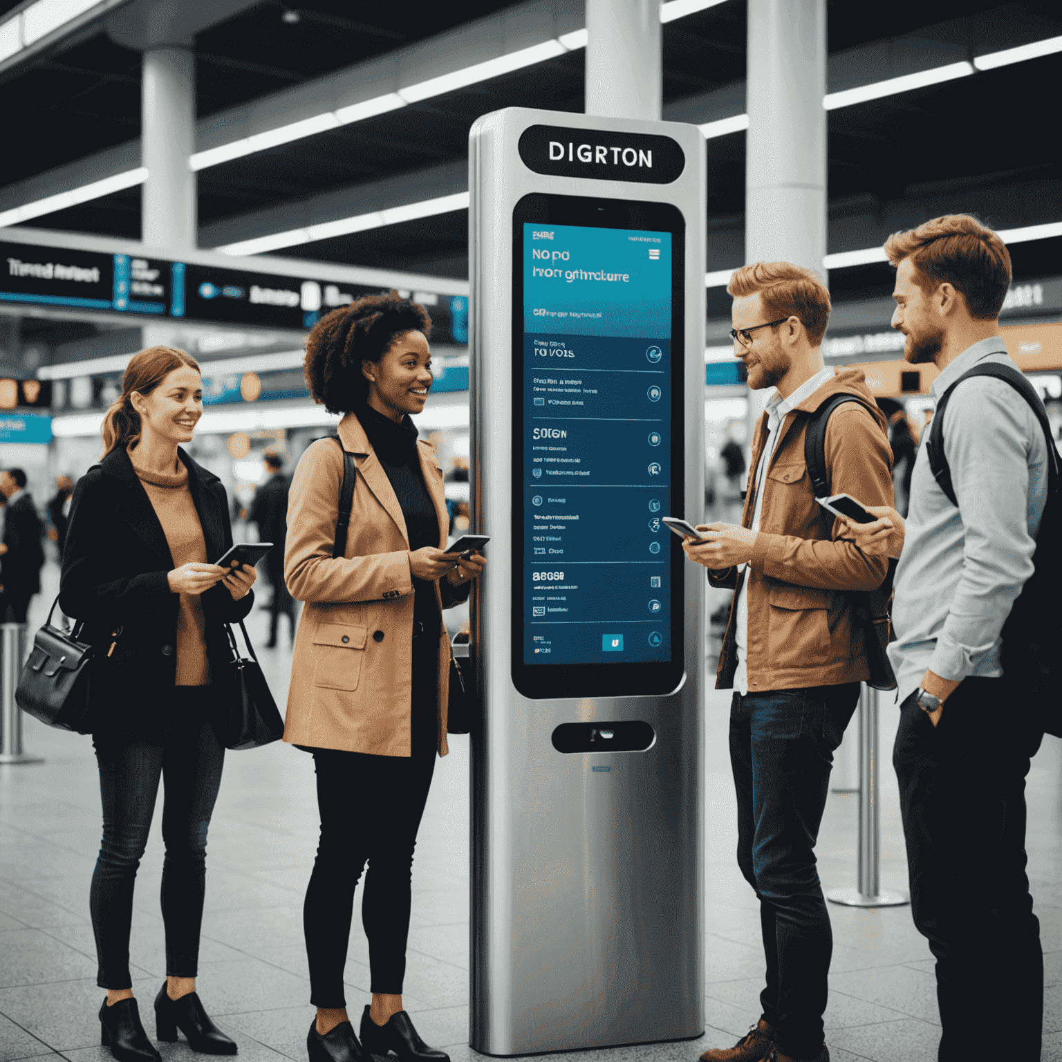 Group of diverse commuters tapping their NOL cards at a modern transport terminal with digital displays showing route information