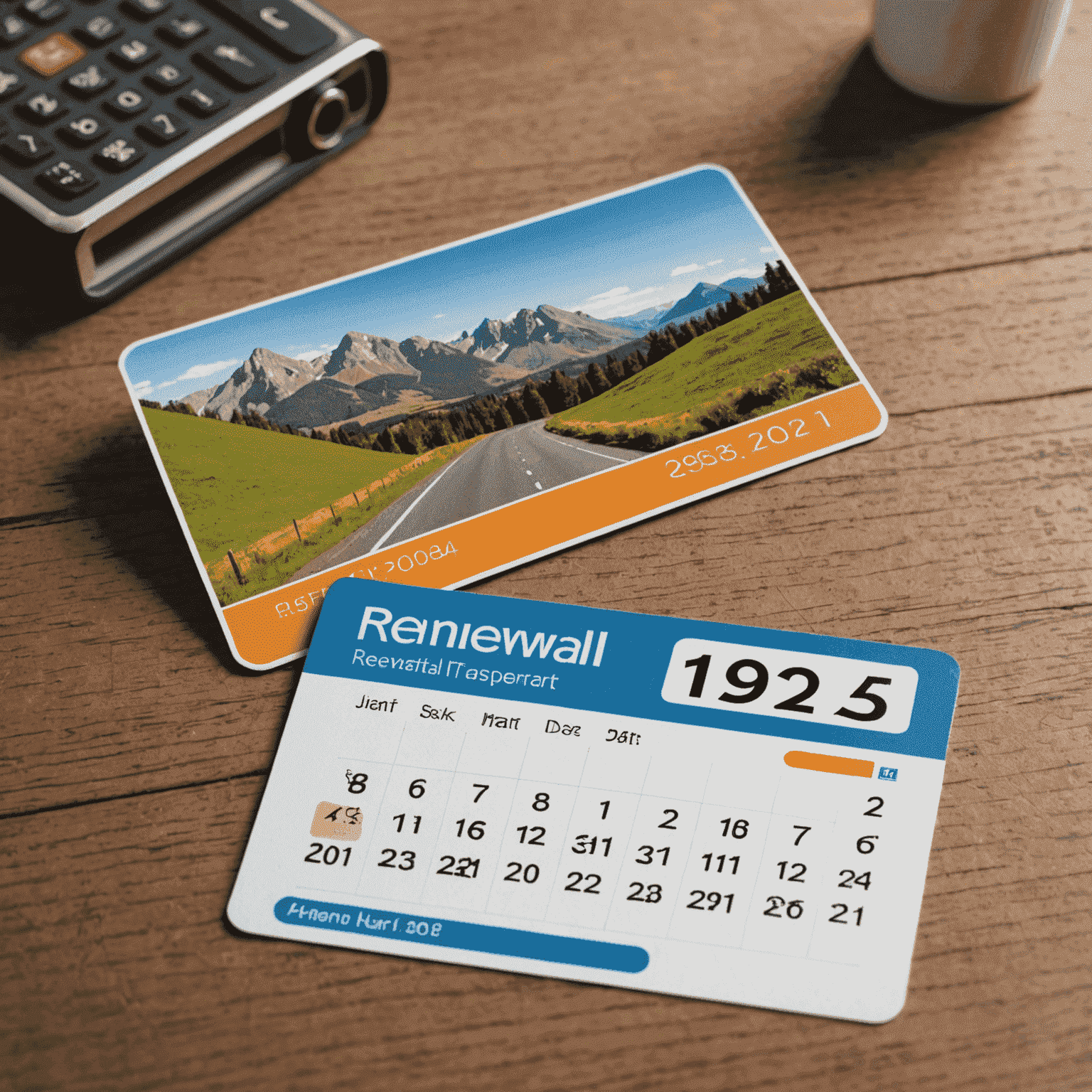 An image of a renewed road transport card next to an expired one, with a calendar showing renewal dates in the background.