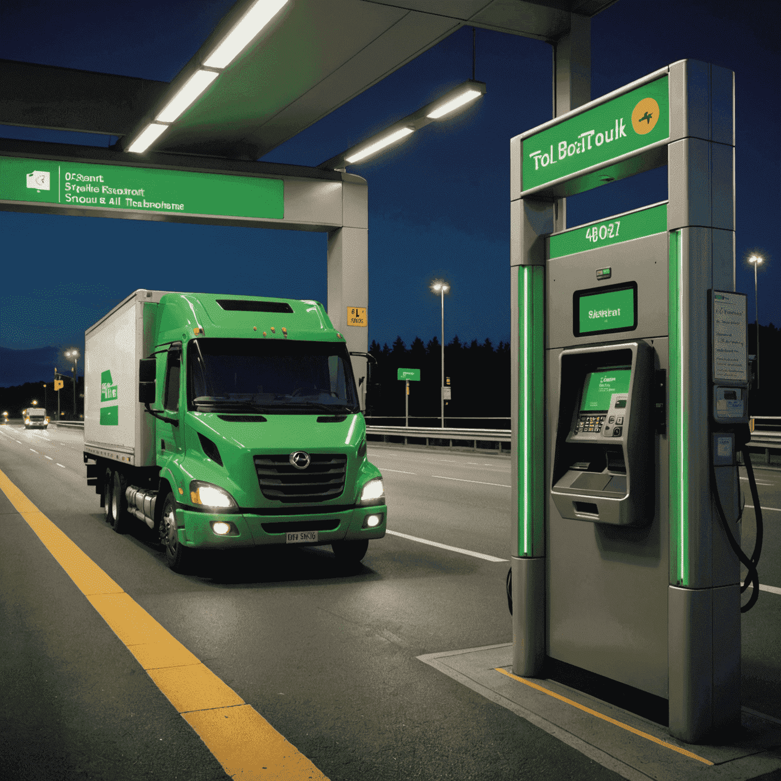 A truck passing through a toll booth with a digital transport card reader, showing a green light for quick passage