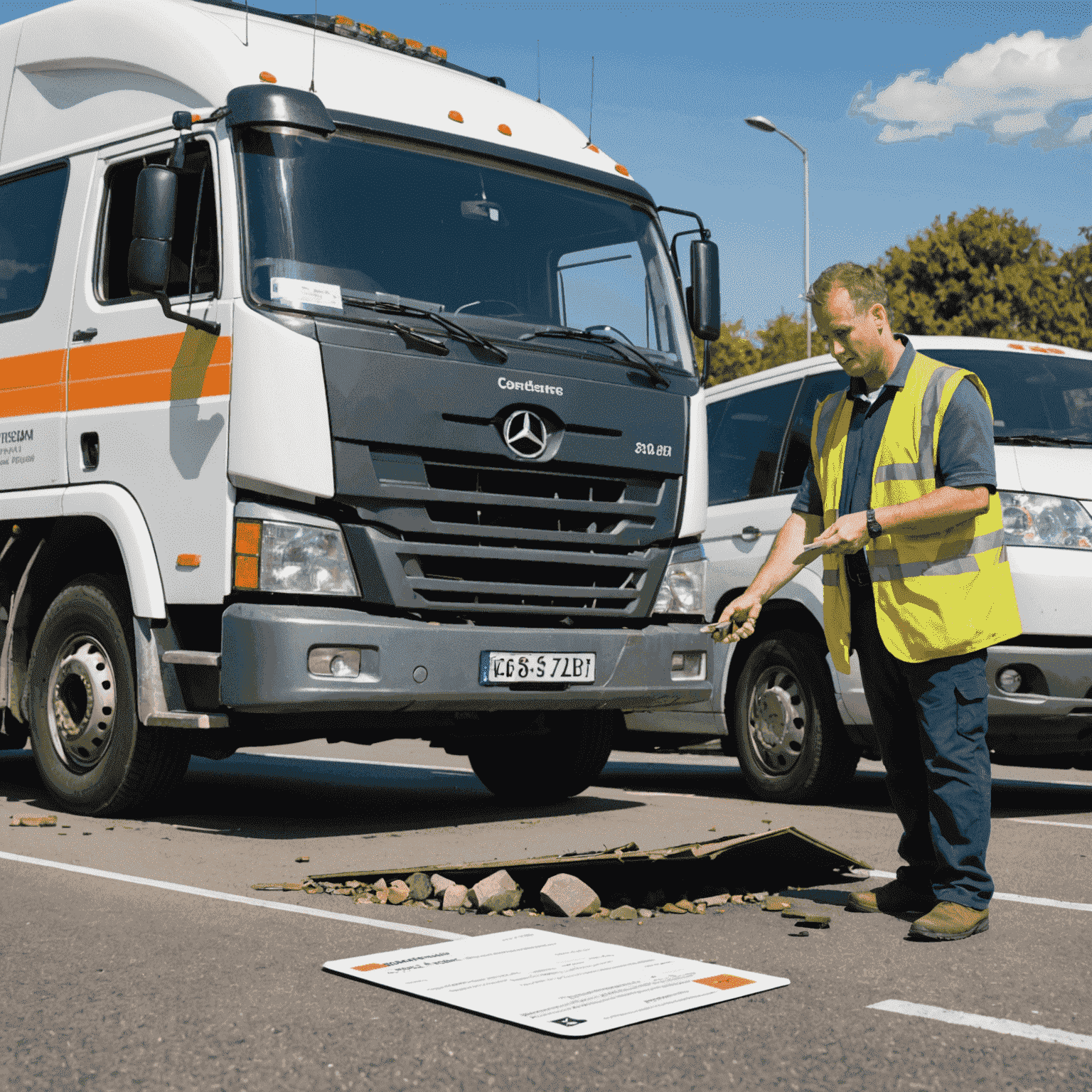 A broken road transport card being replaced by a new one, with a customer service representative assisting in the background.